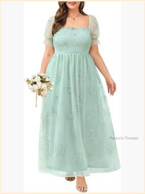 Plus Size Formal Dress with Floral Embroidery Sequin Tulle Maxi Long